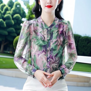 2025新品别致流光溢彩真丝雪纺百搭显瘦双绉雪纺春秋女士长袖上衣