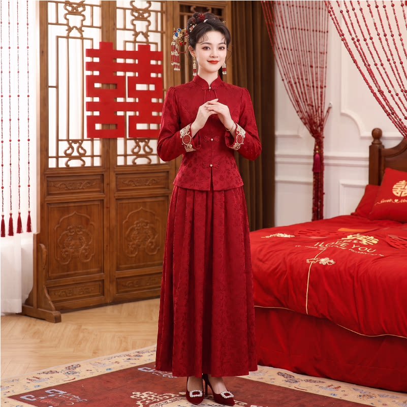 敬酒服新娘2026新款红色新中式订婚礼服裙回门便装女结婚旗袍长袖