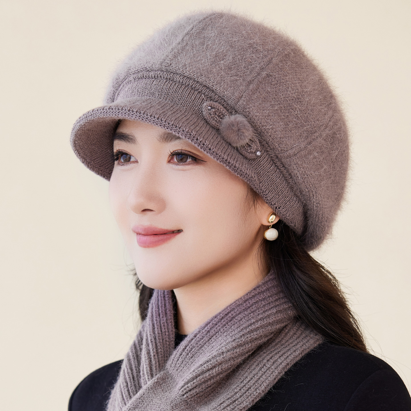 中老年女秋冬天保暖针织毛线帽兔毛帽妈妈奶奶套头帽加绒老太太帽