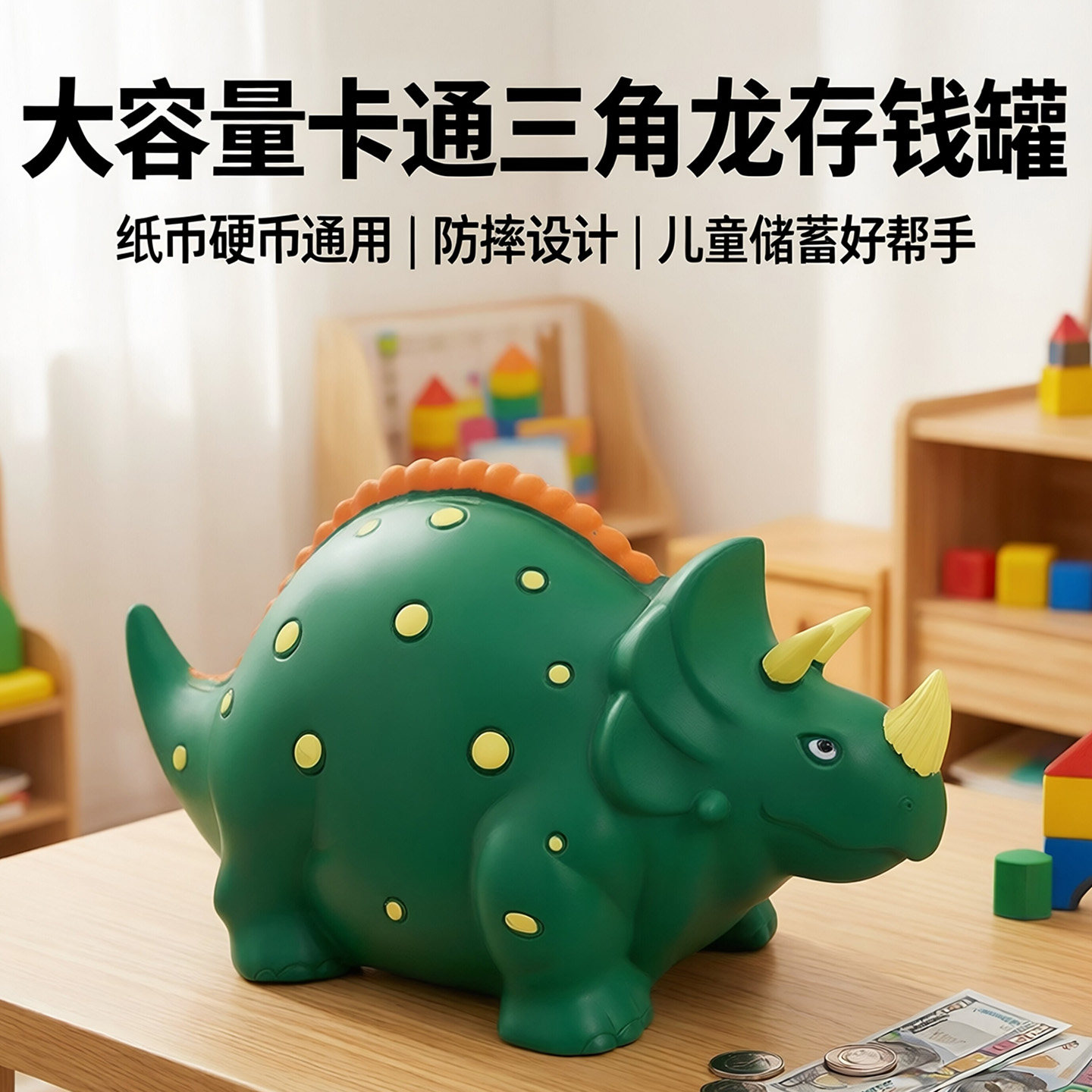 大容量卡通三角龙存钱罐儿童男孩子纸币硬币防摔储钱罐2026年新款