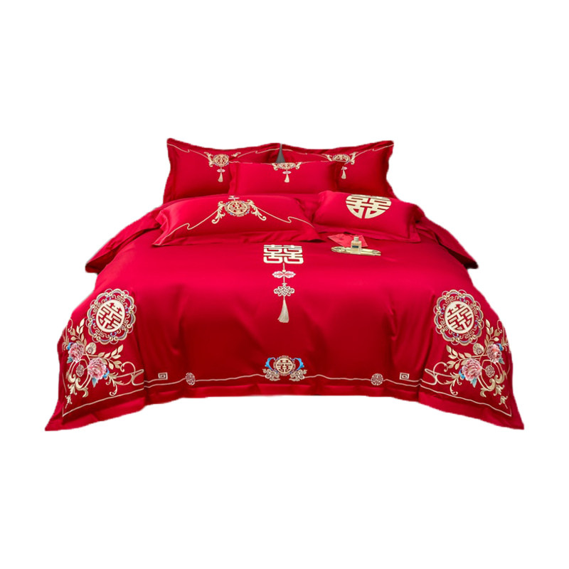 HIGH-END CHINESE EMBROIDERY COTTON WEDDING FOUR-PIECE SET OF BIG RED SHEETS LUXURY QUILT COVER COTTON WEDDING BEDDING