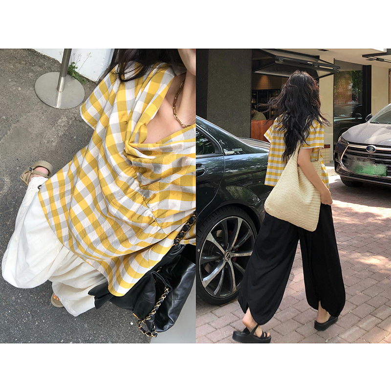 【5折断码 闭店福利】任小艺手工缩褶分割线格子上衣女夏设计感