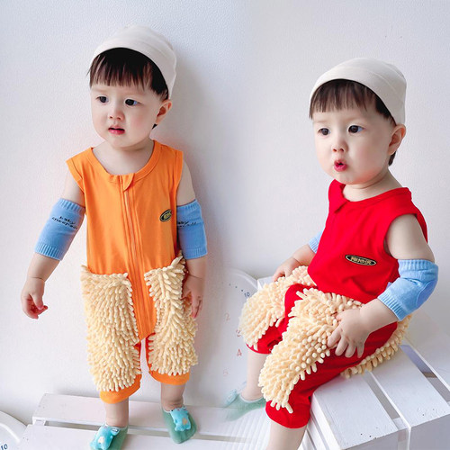 一岁宝宝爬爬服夏拖地爬行罩衣服婴儿短袖拖把拖擦地防脏连体春秋