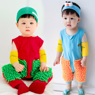 婴儿爬爬服宝宝拖地爬行服拖把纯棉防脏连体罩衣短袖夏季薄款春秋