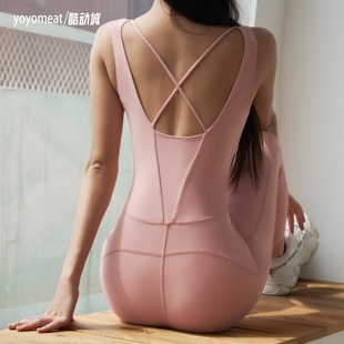 yoyomeat细带美背连体瑜伽套装 紧身训练舞蹈表演艺考健身服带胸垫