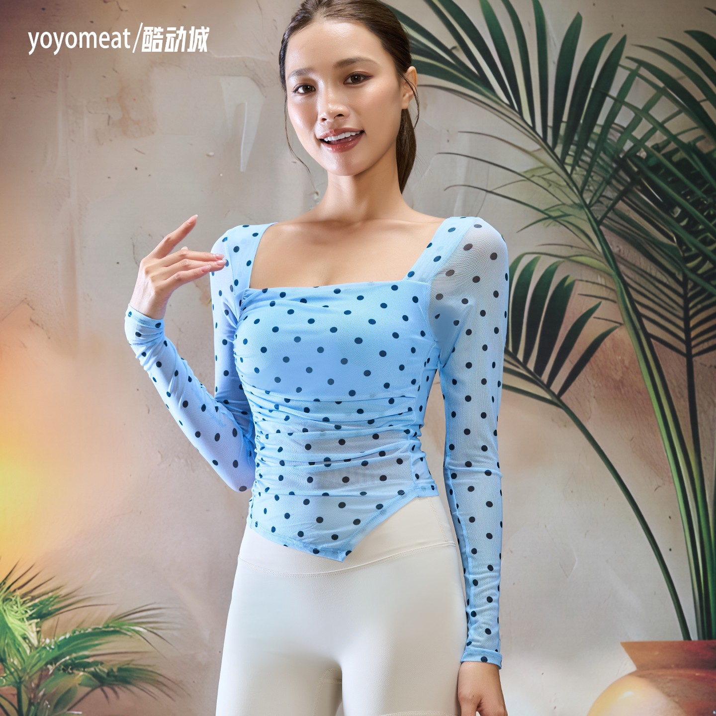 yoyomeat复古波点瑜伽服长袖女