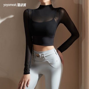 yoyomeat性感绑带运动T恤露脐紧身训练衣长袖瑜伽服带胸垫健身服