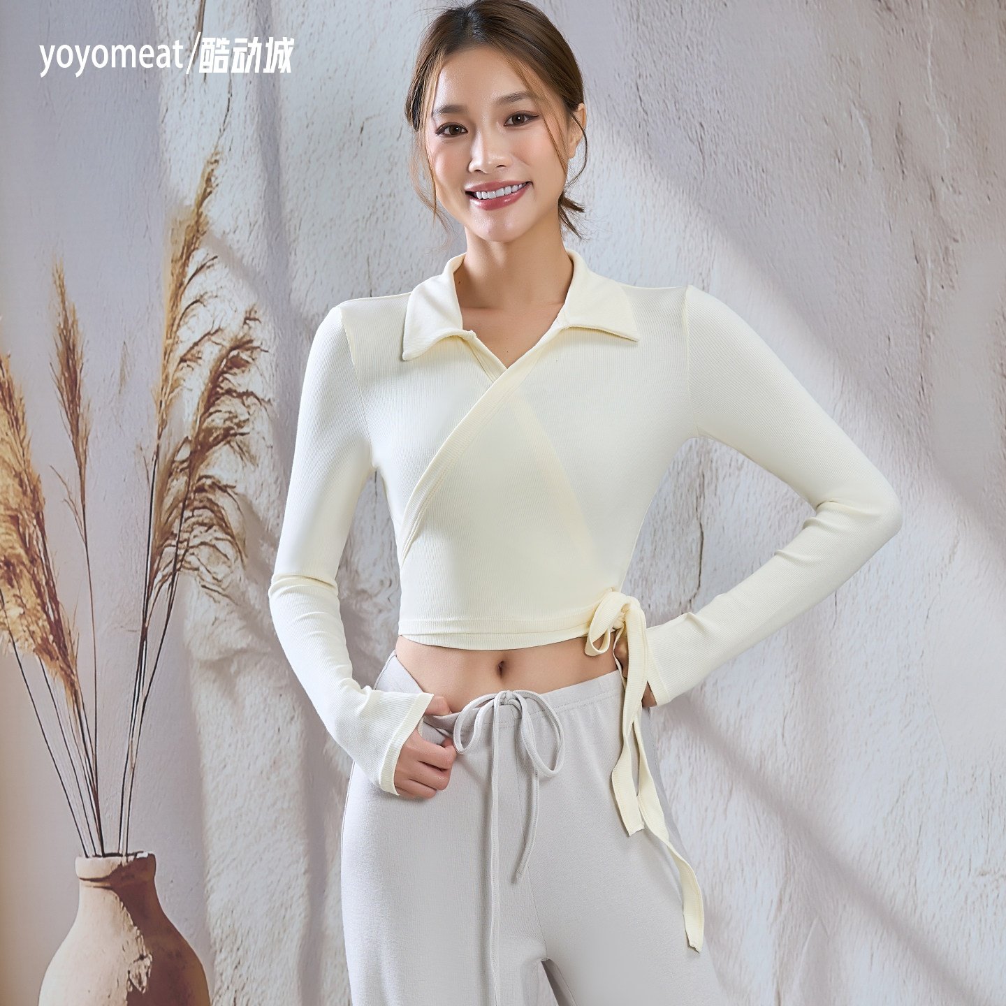 yoyomeat翻领系绳健身服芭蕾运动上衣跑步长袖T恤外穿弹力瑜伽服,运动/瑜伽/健身/球迷用品,瑜伽t恤,淘宝优惠券,粉丝福利购,淘宝优惠卷