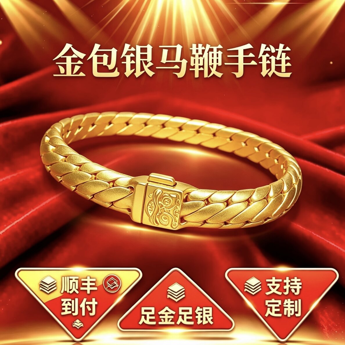 金包银三马鞭手链男款古法时尚大气金店同款送老公送男友生日礼物
