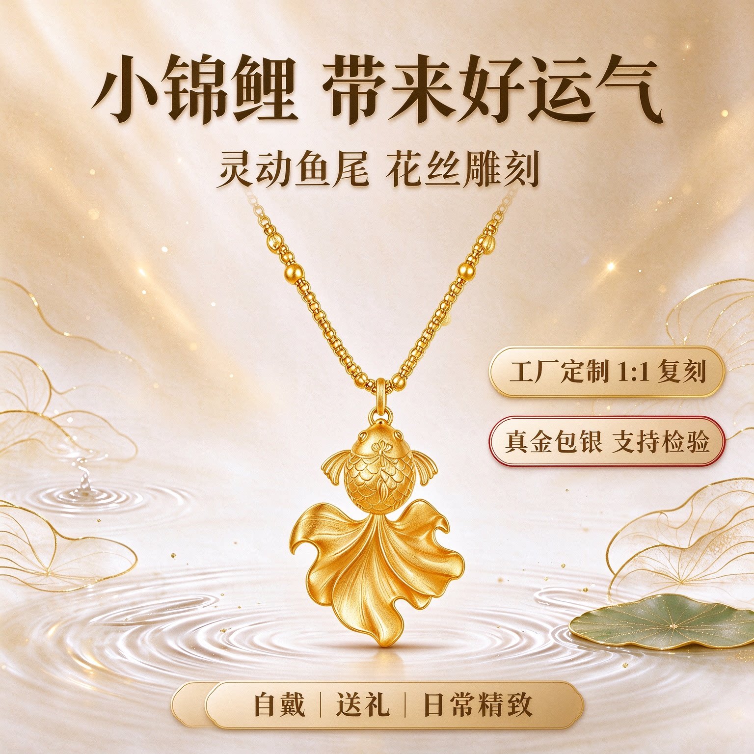 金包银花丝锦鲤吊坠锁骨链定制