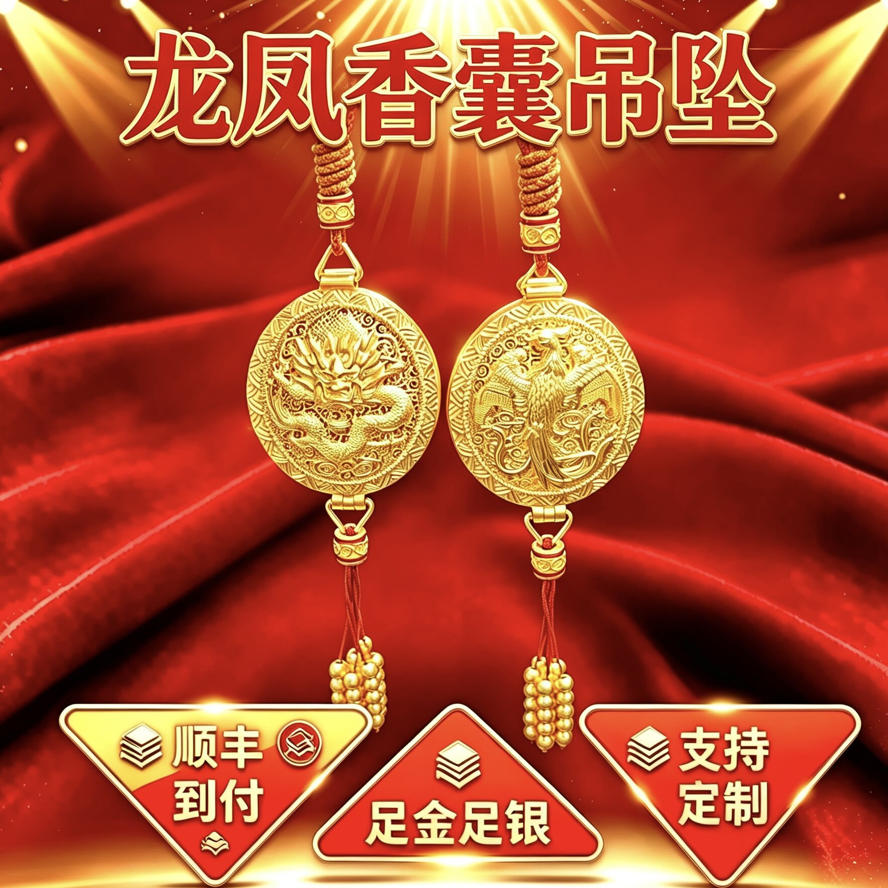 龙凤香囊金包银吊坠古法錾刻龙纹花丝男女情侣挂坠编绳项链毛衣链