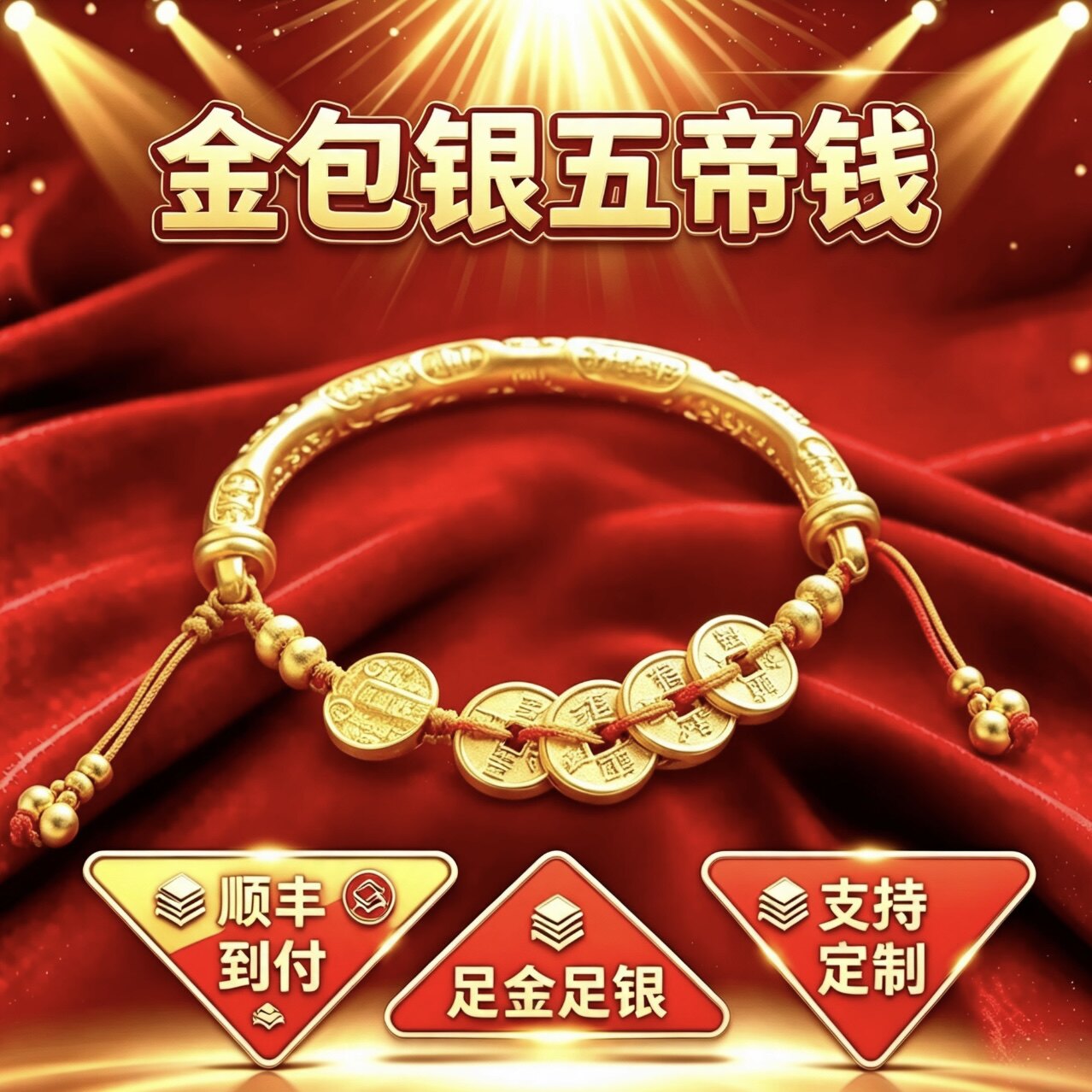 金包银五帝钱手镯古法传承手链手串送女友送妈妈情人节日定制礼物