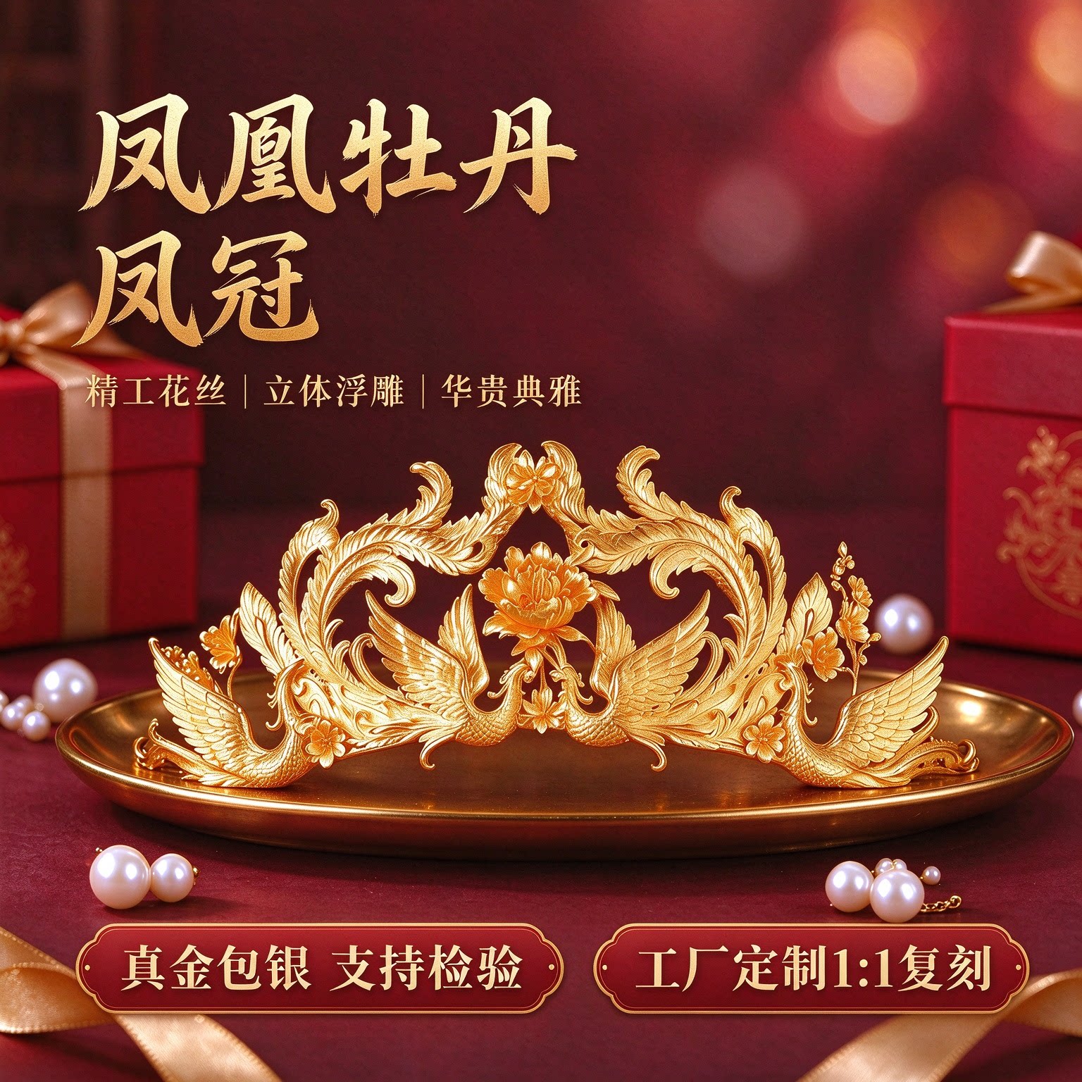金包银花丝浮雕凤凰牡丹凤冠