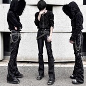 现货秒发自主八神微喇刷蜡牛仔裤 绑带魔术贴朋克高街视觉系长裤