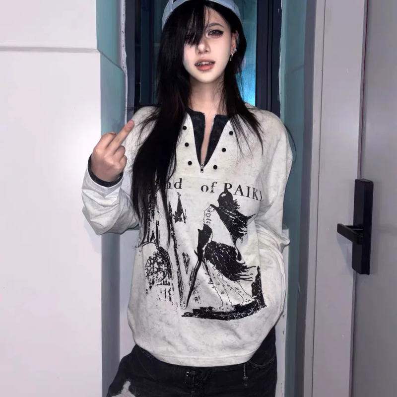 哭泣天使*y2k亚文化假两件卫衣女秋冬骑士古堡印花宽松长袖上衣