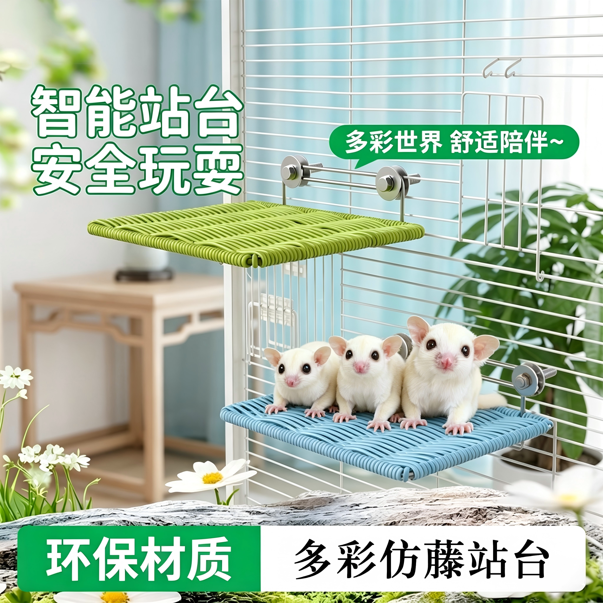 蜜袋鼯笼内悬挂藤编站台防滑磨爪踏板通用大号仿藤休息跳台用品