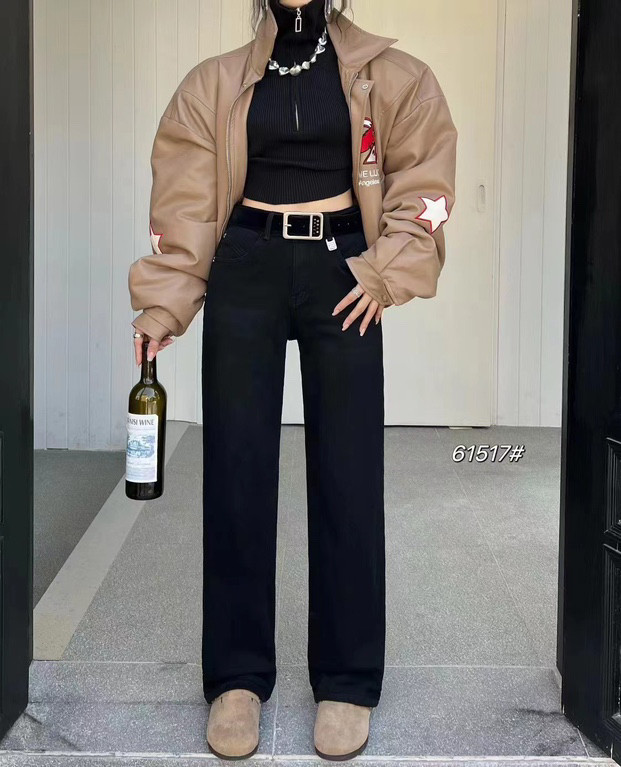 古月欧货秋冬新款女士大码牛仔裤窄版百搭加绒设计感直筒拖地裤粗