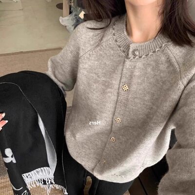 复古灰色毛衣开衫女春秋