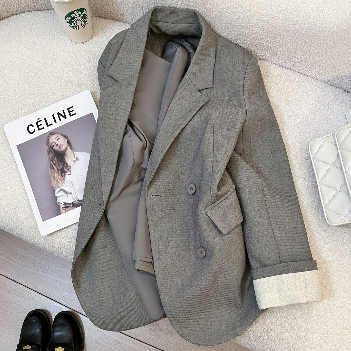 灰色复古西装外套女2026新款春季高级感韩系时尚百搭休闲西服上衣