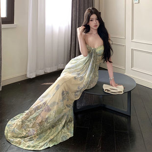 海南三亚海边度假纯欲长裙法式 女拖地 绿色印花扎染抹胸吊带洋装