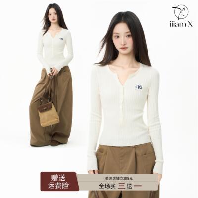 amX白色v领针织衫女秋季
