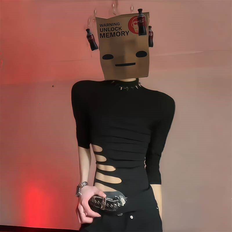 黑色镂空健身衣侧腰透视腹肌紧身衣男士性张力长袖上衣肌肉打底衫