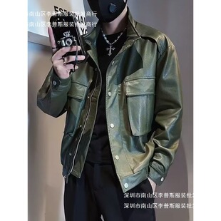 潮牌痞帅皮夹克上装 感美式 外套春装 皮衣潮流休闲男装 机车工装