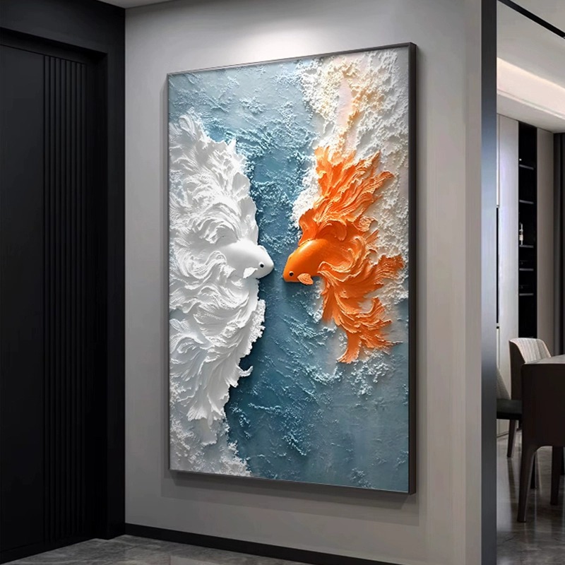 好运鱼入户玄关装饰画现代简约立体走廊过道挂画高级感客厅落地画图片