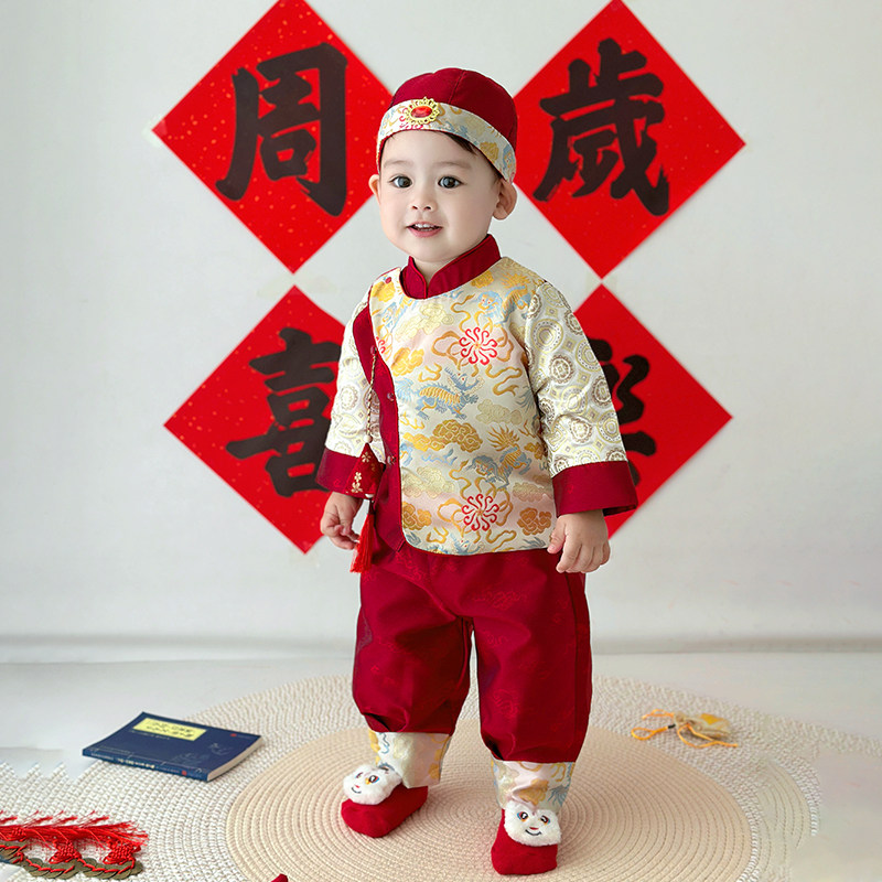 周岁男宝礼服秋季宝宝新中式唐装小男孩红色麒麟抓周服套装