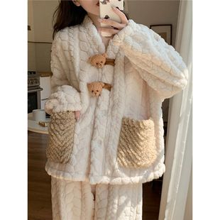 芬腾珊瑚绒睡衣女款 加厚保暖法兰绒小熊冬天家居服 秋冬季 2025新款