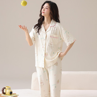 凉感休闲舒适翻领家居服 芬腾2025款 春秋季 莫代尔睡衣女士短袖 长裤