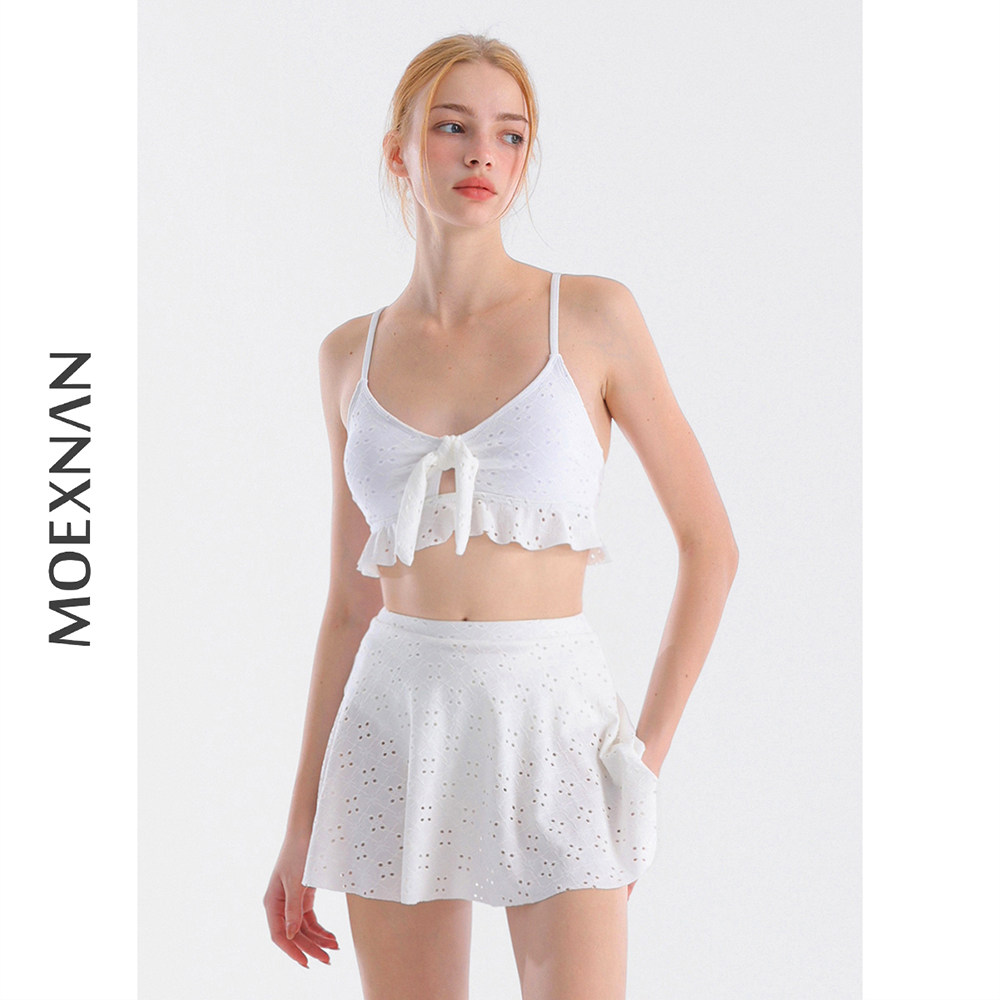 性感分体度假泳衣女裙式白色小胸遮肚显瘦学生保守泡温泉新款泳装