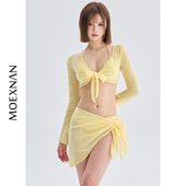 新款 防晒度假显瘦高级遮肚泡温泉泳装 泳衣女性感裙式 四件套长袖