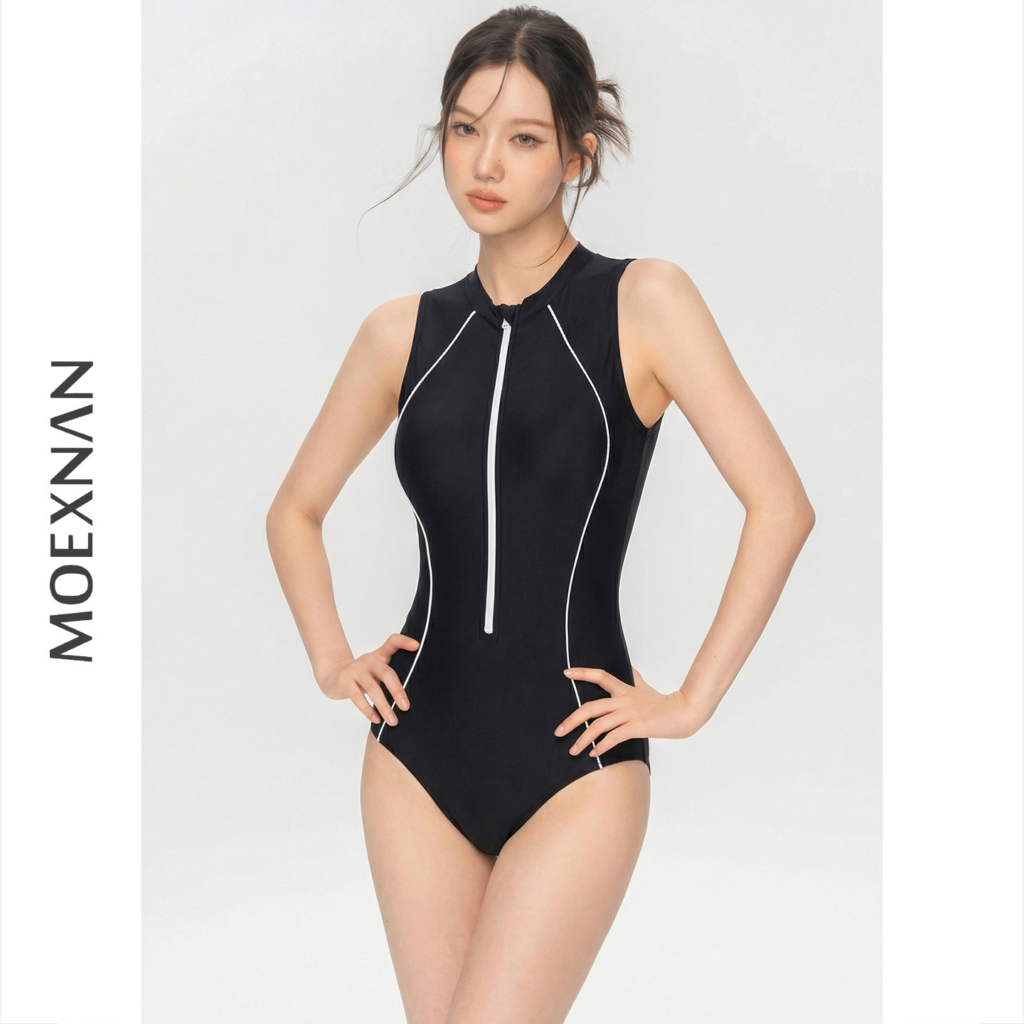 新款性感黑色连体游泳衣少女保守学生小胸遮肚显瘦时尚泡温泉泳装