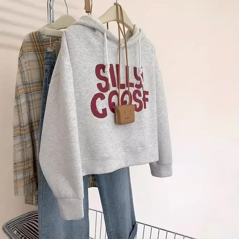 卫衣短款秋季慵懒风潮牌连帽上衣帽衫灰色宽松外套字母春秋女美式