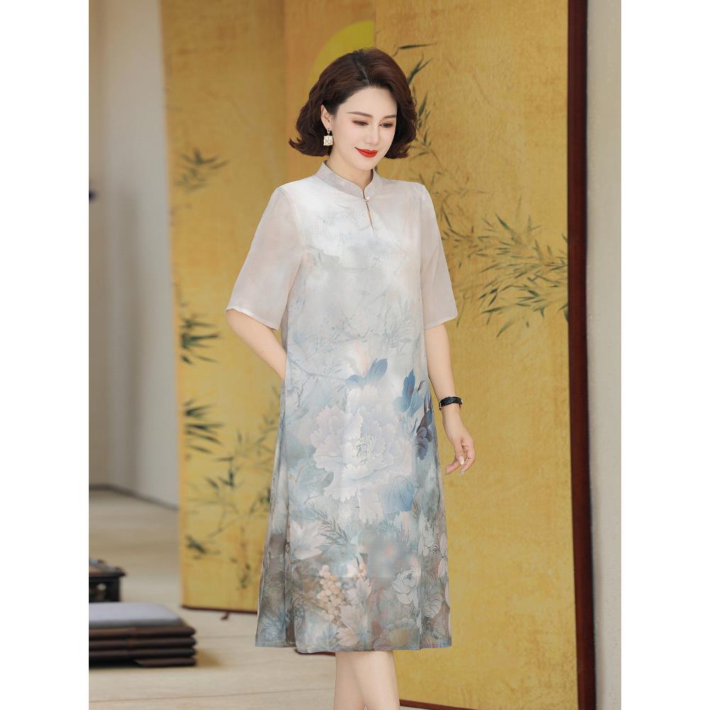 阔太太夏季新款妈妈高端桑蚕丝连衣裙洋气中年真丝旗袍裙子女大码