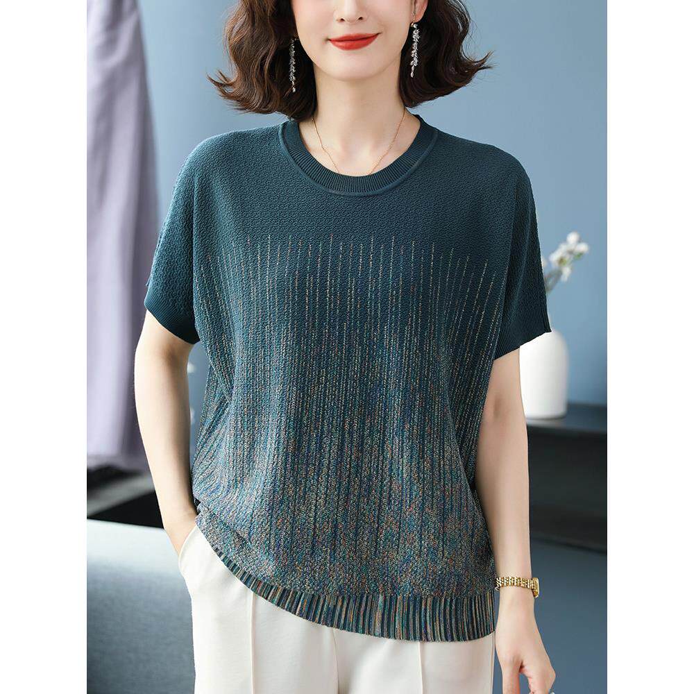 中年妈妈夏装短袖针织上衣2025新款冰丝T恤女宽松大码桑蚕丝体恤