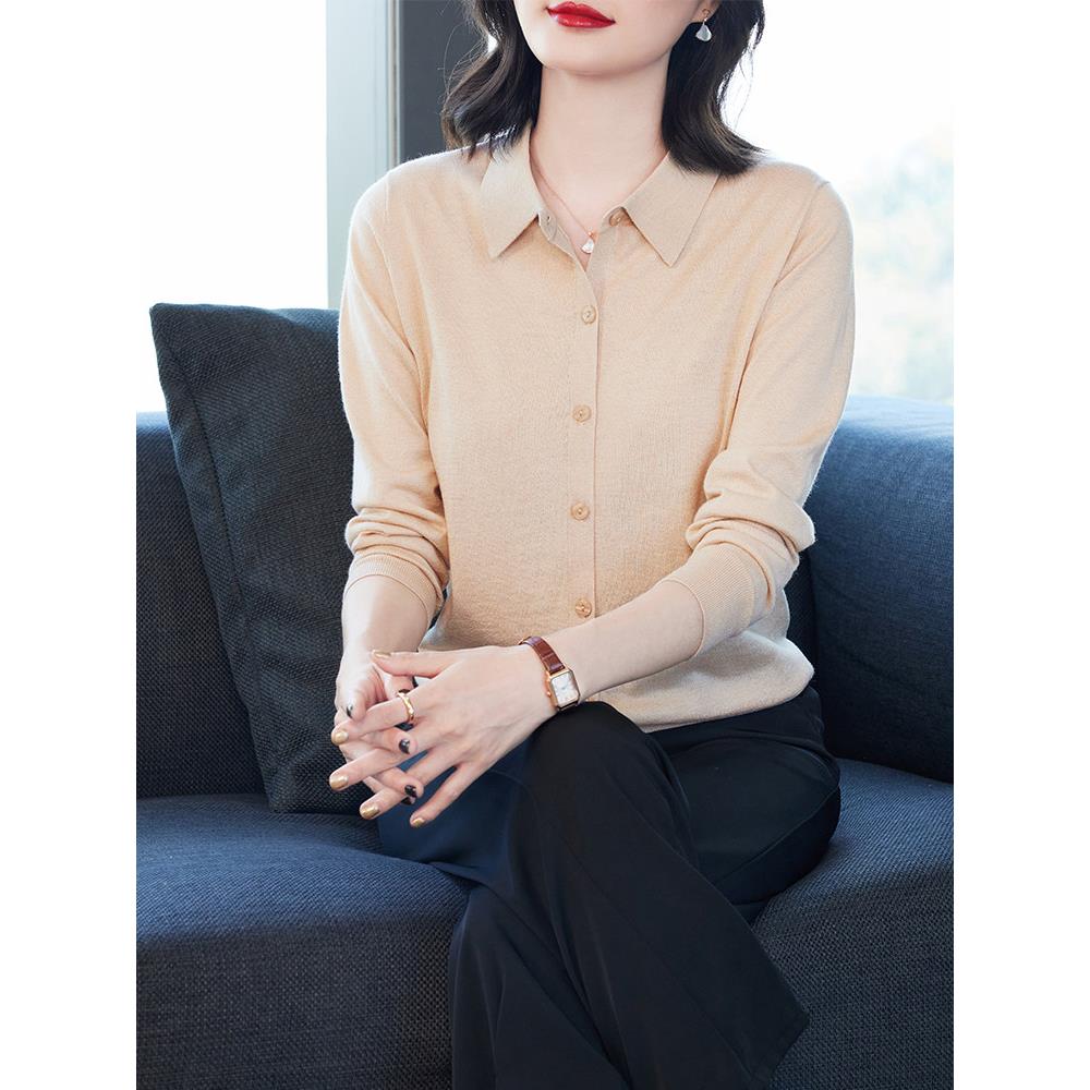 妈妈衬衫女款2026新款polo领长袖针织衫薄款轻奢高级感桑蚕丝上衣