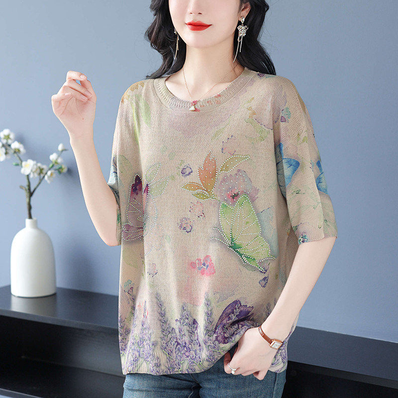 中年妈妈夏装冰丝t恤女加肥加大码宽松遮肚针织上衣印花短袖T恤衫