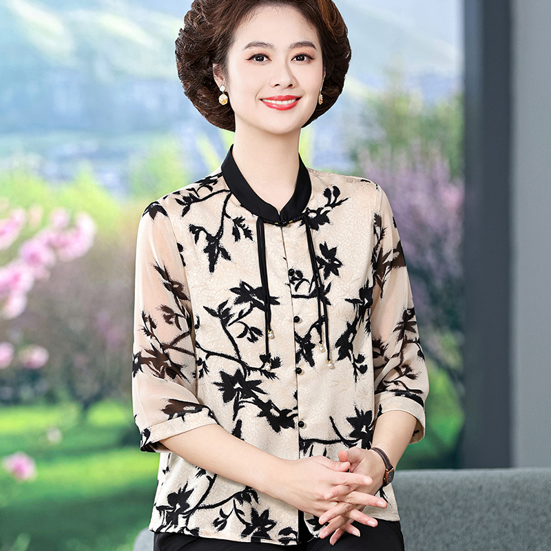 妈妈夏装新中式国风衬衫2025新款中袖上衣中老年女真丝中袖薄开衫