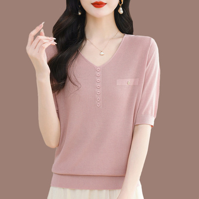 桑蚕丝体恤女短袖T恤夏季妈妈装遮肚子上衣v领大码洋气薄款针织衫