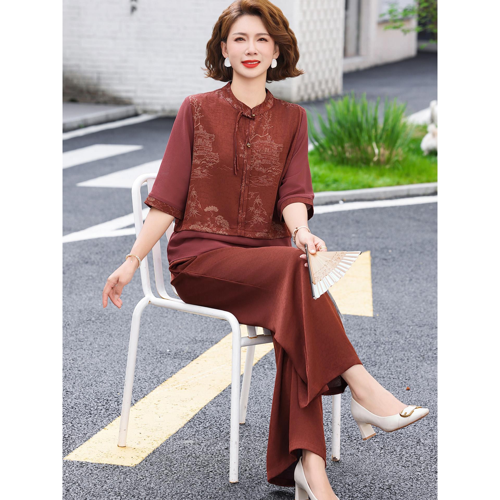 贵夫人两件套妈妈端庄大气香云纱套装中老年夏季真丝桑蚕丝上衣女