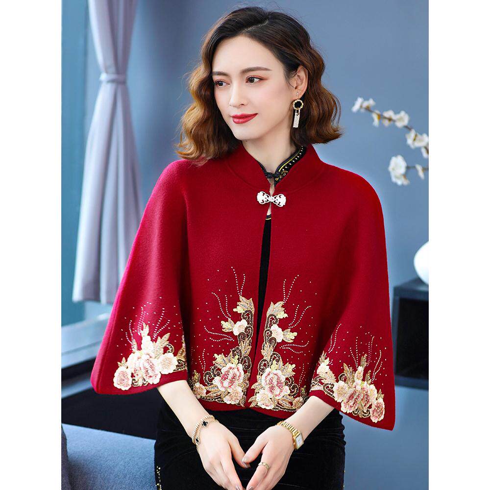喜婆婆披肩婚礼妈妈时尚洋气婚宴旗袍外搭红色结婚羊绒斗篷外套女