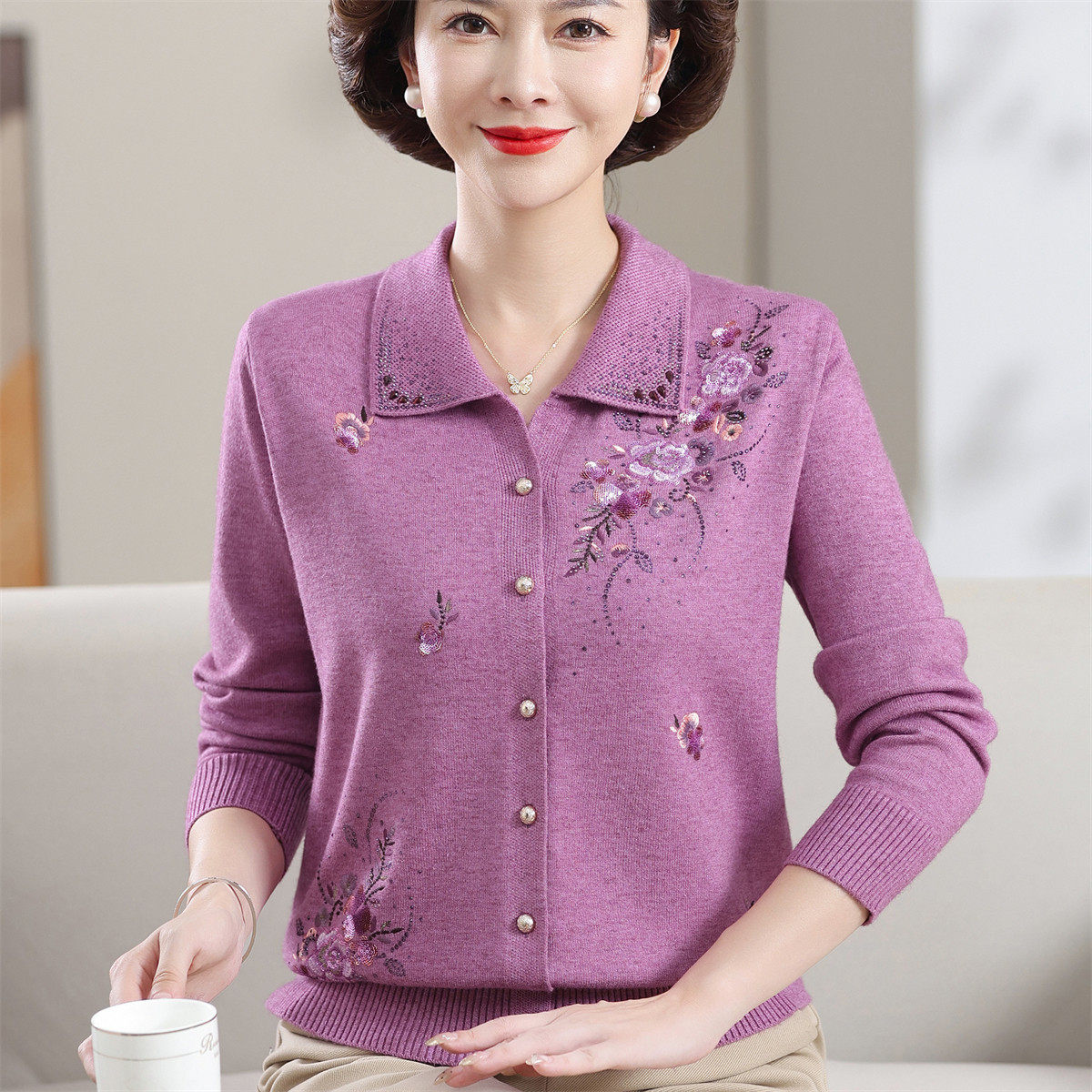 中老年女装春秋针织开衫妈妈毛衣翻领绣花羊毛衫奶奶装外套上衣服
