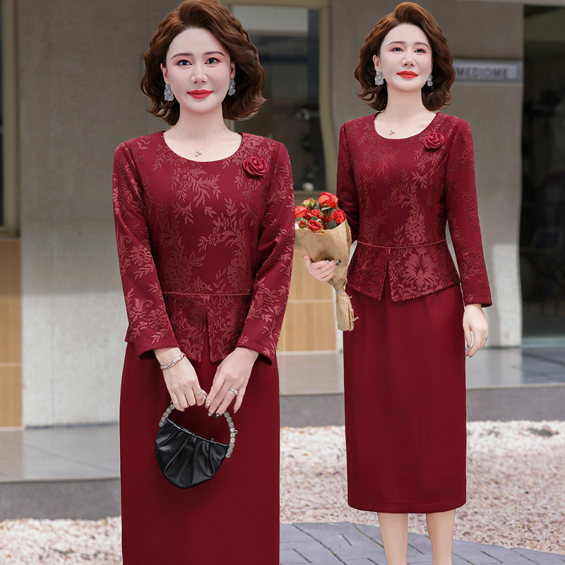 小个子喜婆婆婚宴礼服春秋连衣裙平时可穿年轻妈妈洋气质红色裙子