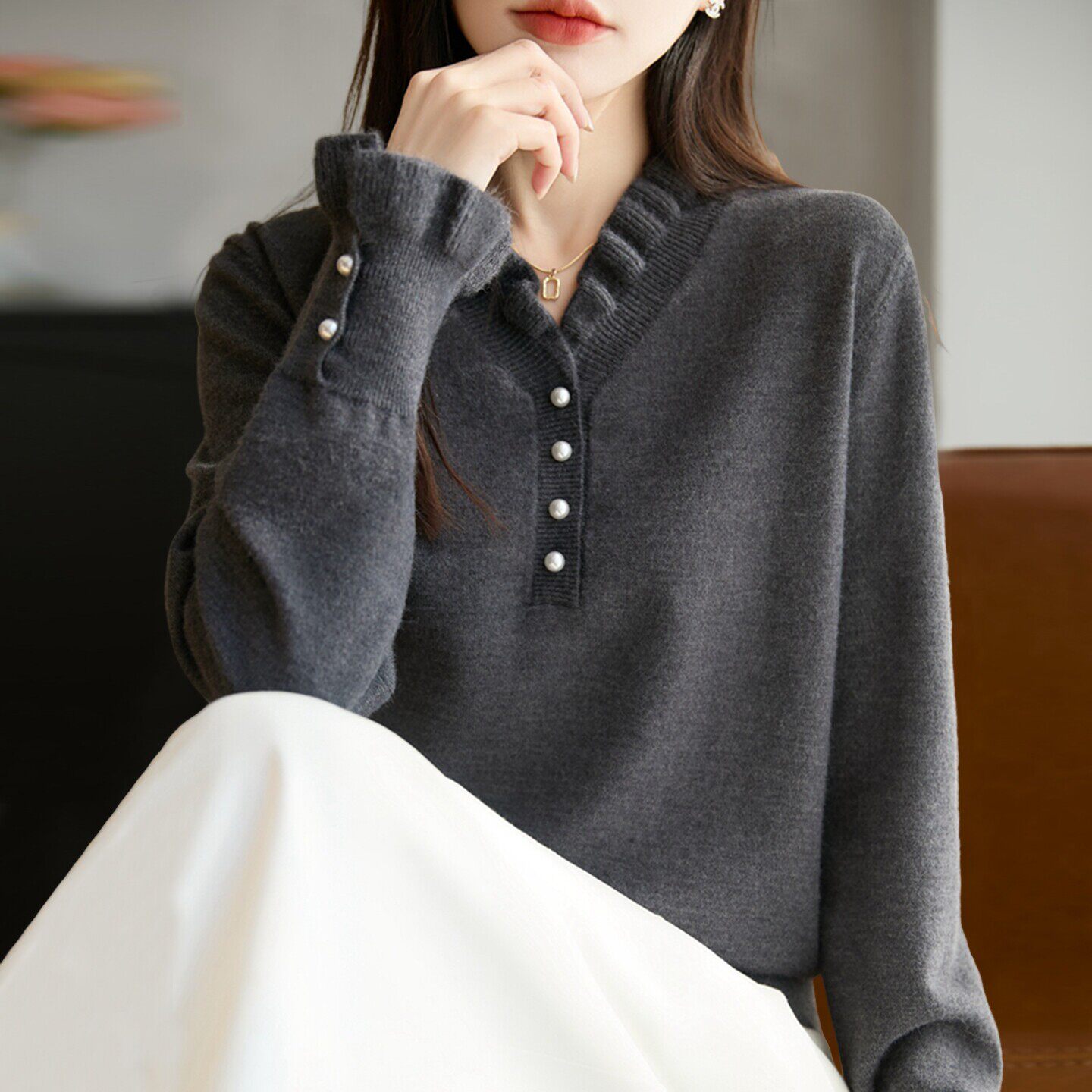 V领木耳领钉珠针织打底衫女2026新款春秋大码女装上衣秋冬毛衣