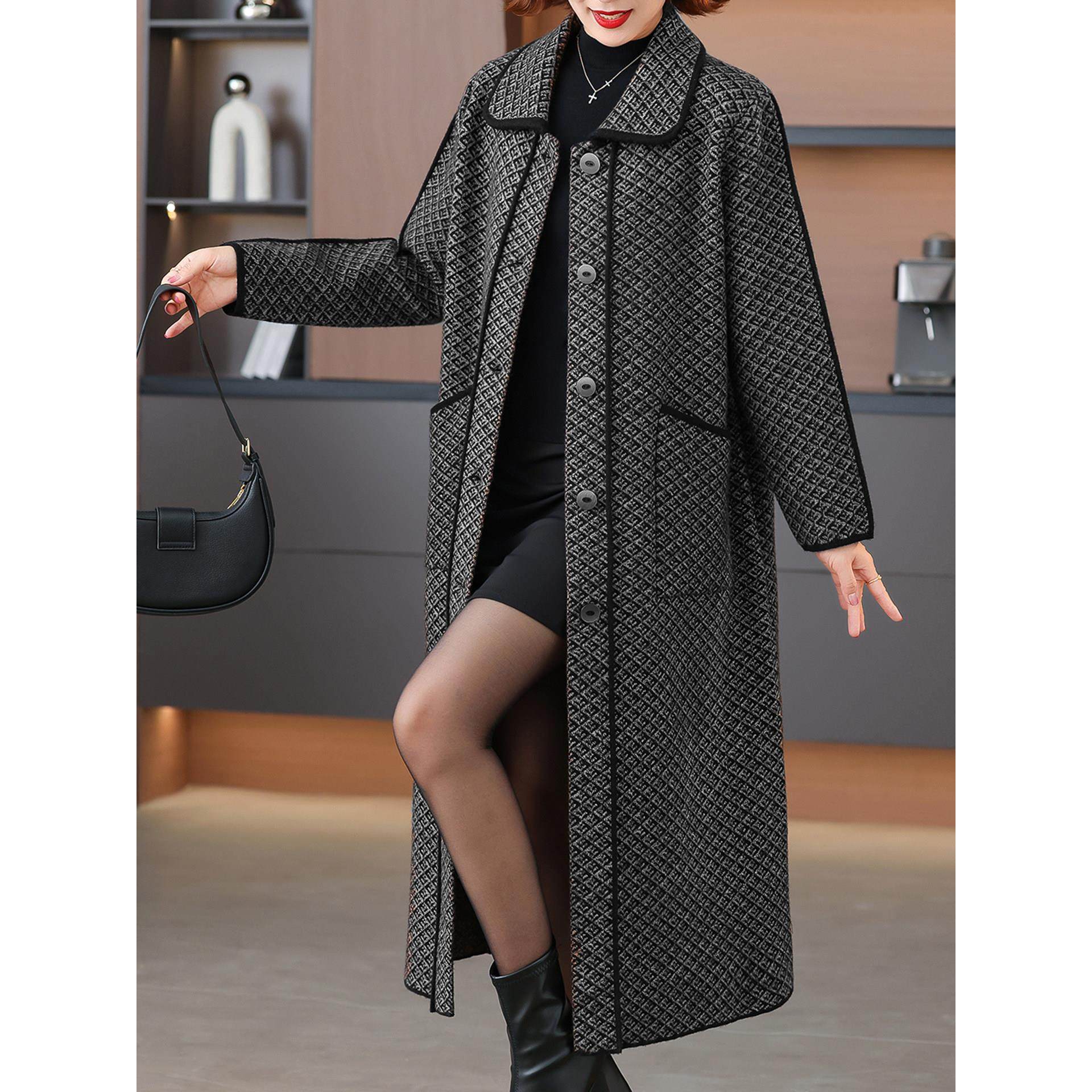 胖mm大码女秋冬羊毛呢大衣韩版宽松遮肚中长款针织毛呢外套妈妈装