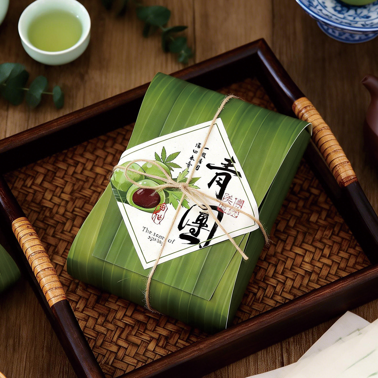 仿真粽叶纹理设计青团包装盒清明果贴纸古法点心打包纸盒烘焙礼盒