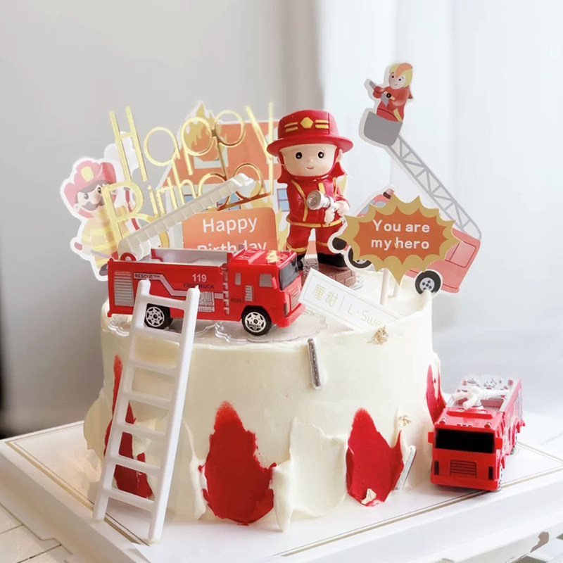 消防车蛋糕装饰摆件 消防员灭火队儿童生日派对甜品台插件配件