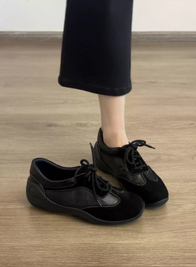 复古棕色厚底内增高德训鞋女款2025系带休闲黑色加绒毛毛鞋女保暖